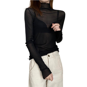 Slim-fit High Collar Long-sleeved Lace Base Shirt Women's Thin Mesh Top Autumn And Winter Black Wooden Ear-rimmed Shirt For Women