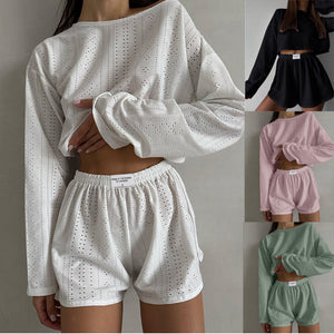 Women&#039;s Casual Suit Hollow-out Fashion Simple Loose Pullover Long Sleeve Top Shorts